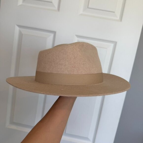 Cream Tan Wide Flat Brim 100% Wool Rancher Hat main image 4